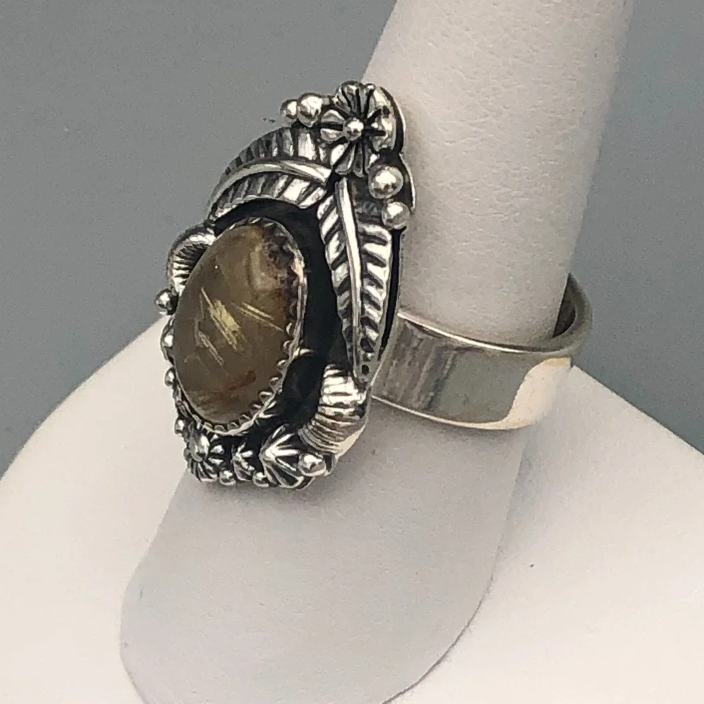 Navajo Handmade Rutilated Quartz Sterling Silver Ring Sz 8 Adjustable Flowers